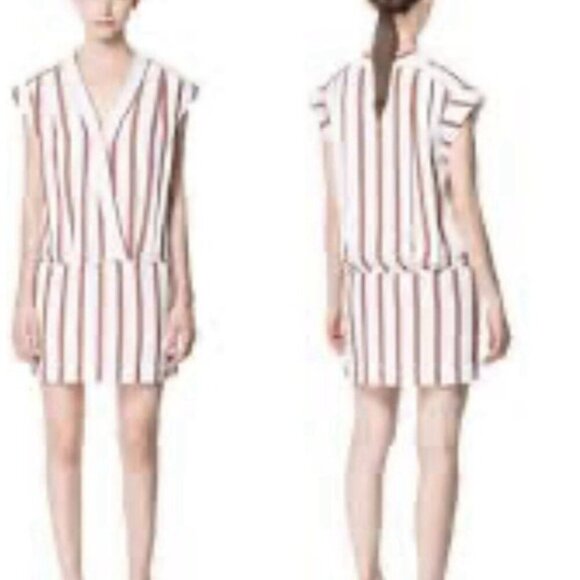 Zara Dress Womens Medium Red White Striped Mini Faux Wrap Pleated Pockets Boho - Picture 1 of 7